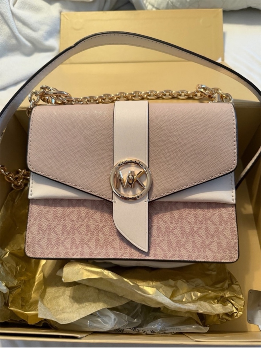 Michael Kors Blush Pink and Cream Color Block Saffiana Leather Purse.